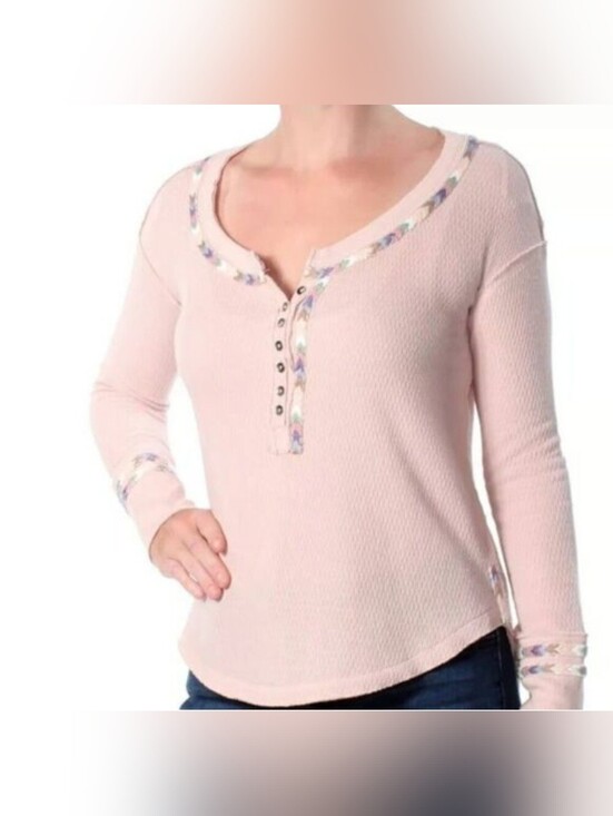 We The Free Tops - Free People Pink Thermal Knit Henley Long Sleeve Top Women's Size M